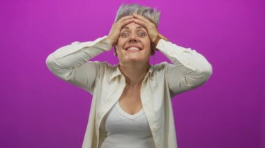 Kısa saçlı, beyaz gömlekli bir kadın mor bir stüdyoda alkışlıyor ve gülümsüyor; mutluluk zaferini kutluyor..