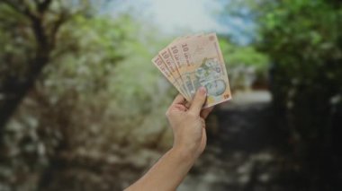 Kafkasyalı adam, Romanya lei banknotlarını bir parkta tutuyor. Açık alanda bulanık bir arka plana karşı döviz ve finans sergiliyor..