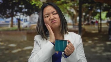 Parkta elinde diş ağrısı ifadesi olan bir kahve fincanı tutan, açık havada beyaz ceket giyen, güneşli bir günde ağaçların altında yatan bir kadın..