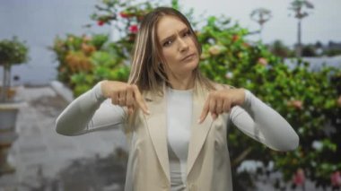 Çevresi yeşilliklerle çevrili bir caddeyi işaret eden bir kadın, bir an için odak ve açık havada bitkilerle dolu bir şehir ortamını yakalıyor..