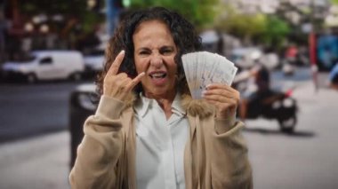 Bir şehir caddesinde elinde banknotlarla gülümseyen bir kadın, açık hava ortamında finansal başarı ve güven gösterisi yapıyor..