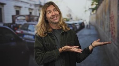 Sarışın, uzun saçlı bir adam, yeşil kadife ceketli park halindeki arabalarla caddelerde avuçlarını açıyor. Mutluluk..