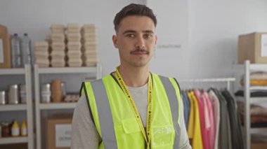 Yansıtıcı yelek giyen genç adam bir hayır kurumunda gönüllü olarak çalışıyor. Etrafı organize raf ve kıyafetlerle çevrili. Toplum hizmeti ve cömertlikle dolu..
