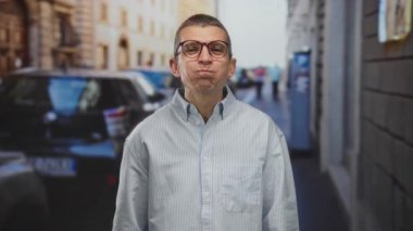 Sokak ortasında gözlük takan bir adam açık hava ortamında ifadelerle oynayarak canlı şehir atmosferini yakalıyor..