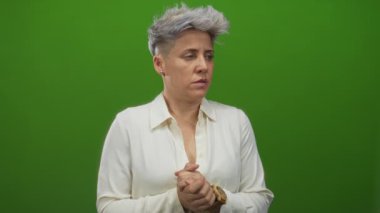 İki eli de yeşil stüdyoda, krem bluz ve açık tahta saat giyen kadın debriyaj sandığı..