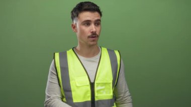 Yansıtıcı yelek giyen genç İspanyol adam, izole edilmiş yeşil duvar arka planına karşı şaşırmış bir ifade sergiliyor..