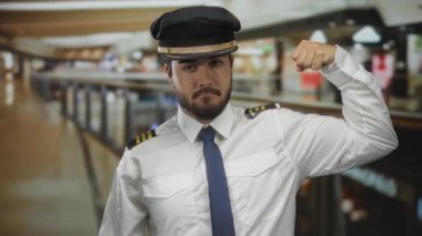 Pilot üniformalı sakallı genç adam alışveriş merkezindeki mağazada pazılarını esnetiyor. Kendine güveni tam ve kapalı arka planı bulanık..