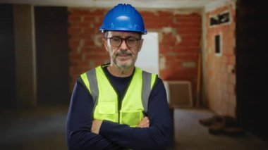 Gözlüklü ve kasketli yetişkin bir adam kapalı bir inşaat alanında kollarını kavuşturuyor ve güvenli bir yelek giyiyor.
