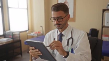 Genç İspanyol adam Stylus ile tablet tıklatıyor ve güneşli bir klinik danışma odasında steteskop takıyor;.