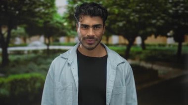 Yeşil parkta, ağaçların ve yürüyüş yollarının arasında açık palmiyeler sunan genç adam, neşeyi davet et..