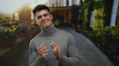 Genç İspanyol adam gülerek ve alkışlayarak bir şehir caddesinde, gözlük ve balıkçı yaka giyerek, şehir dışında bir yerde neşe ve sıcaklık anı yakalıyor.