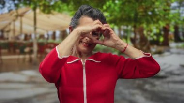 Gri saçlı yaşlı kadın, yeşil ve kırmızı elbiselerle çevrili büyüleyici şehir ortamında elleri ile kalp hareketi yapıyor.