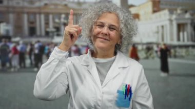 Beyaz önlüklü, gri saçlı, güler yüzlü bir kadın şehir sokağında dikiliyor, arka planda farklı insanlardan oluşan bir grup ve tarihi şehir mimarisi ile güven içinde yukarıyı gösteriyor..
