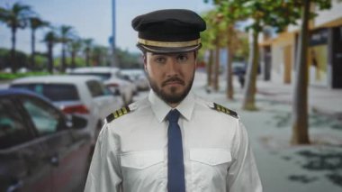 Sokakta duran sakallı, İspanyol üniformalı genç adam, arka planda avuçlar, açık havada şaşkınlığını ifade ediyor..