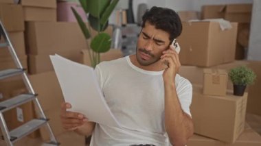 Genç İspanyol asıllı adam bina içindeki kutuları taşırken akıllı telefonu kulağına tutuyor; endişe.
