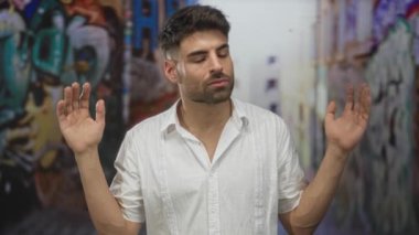 Beyaz gömlekli genç adam, şehir caddesinde duvar yazısı önünde el ele tutuşuyor..