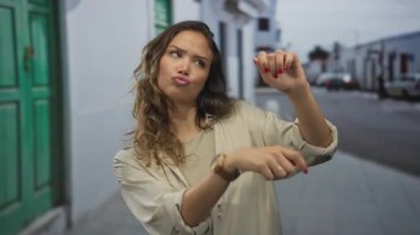 Beyaz binalar ve yeşil kapılarla dolu güneşli bir sokakta kollarını kaldırmış dans eden bir kadın tasasız neşe.