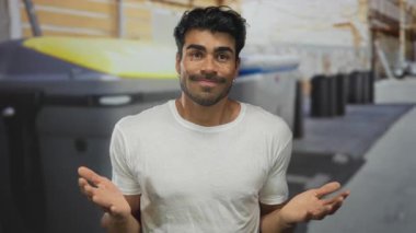 Genç İspanyol adam, işlek şehir caddesinde sarı geri dönüşüm konteynırının yanında el ele tutuşuyor..