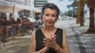 Şehir merkezinde açık kafeleri ve palmiye ağaçları olan canlı bir caddede el çırpan gri saçlı yaşlı bir kadın..