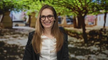 Güneş parkındaki yemyeşil ağaçların altında gözlük takan bir kadın gülümsüyor ve spor ceket giyiyor; dostluk iyimserliği.