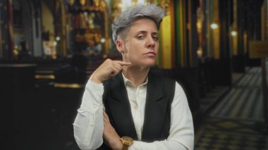 Kilisenin loş bir binasında boğazını kesen bir kadın. Kilise sıraları ve sütunlarıyla çerçevelenmiş. Öfke..