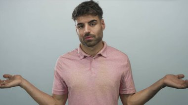 Pembe gömlekli bir adam başını yana eğerken gri bir stüdyoda elini silker ve avuç içlerine bakar; belirsizlik.