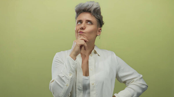 Женщина касается подбородка в задумчивой позе в профессиональной студии с мягким зеленым фоном; любопытство интроспекции.
