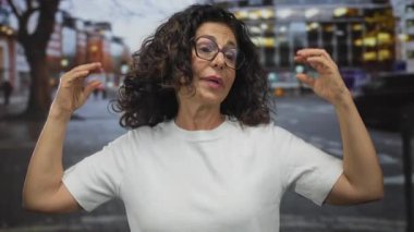 Orta yaşlı İspanyol kadın, meşgul bir şehir caddesinde elleri ile konuşma jesti gösterdi; iletişim ifadesi nişan konuşması.