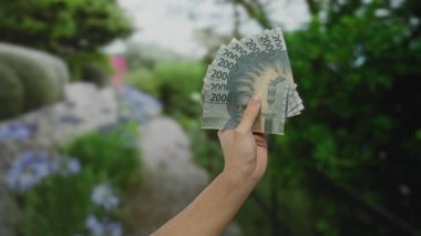 Kafkasyalı bir adam Endonezya Rupiah 'ını açık havada zengin bir parkta tutuyor, para bozdurma ve canlı bir doğal fon karşısında finansal başarı sergiliyor..