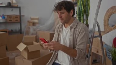 İspanyol adam yeni evinde otururken akıllı telefon kullanıyor. Etrafı kutu, merdiven ve çiçeklerle çevrili..