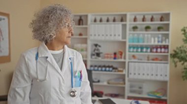 Klinikte beyaz önlük ve steteskop giymiş, etrafı tıbbi malzemelerle çevrili ve gri saçlı bir kadın hastane odasında profesyonel görünüyor..