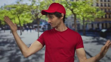 Kırmızı üniformalı teslimatçı yeşil ağaçlar ve bulanık binalarla kaplı şehir caddesinde kollarını açıyor..