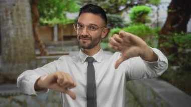 Beyaz gömlekli ve kravatlı genç adam, eski kasabadaki şehir caddesinde ağaçlar ve yeşilliklerle çevrili bir yerde baş parmağını sallıyor..
