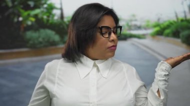 Kadın, şehir ortamında sakin bir ifadeyle doğal ışık altındaki bir caddede şüpheyi ifade eden gözlük takarak el ele tutuşuyor..