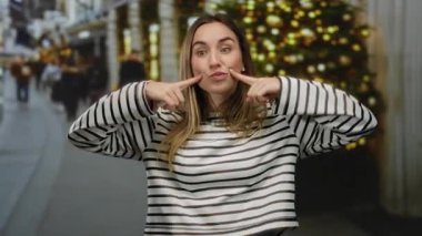 Açık havada çizgili bir tişörtle neşeli bir şekilde gülümseyen bir kadın hareketli bir caddede neşeli anları yakalayan neşeli bir arka plan ile..