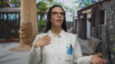 İspanyol bilim adamı üniformalı kadın tropikal arka planı olan bir sokakta düşünceli görünüyor..