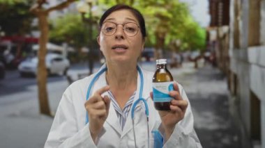 Steteskoplu kadın doktor ilaç şişesini tutuyor ve parmağıyla sokağı işaret ediyor. Ciddi tıbbi tavsiye..