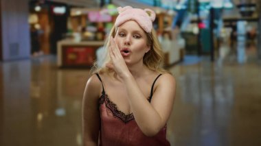 Gecelik giymiş genç sarışın bir kadın alışveriş merkezi ortamında gizemli bir jest yapıyor, entrikalar ve neşeli bir perakende arkaplanı arasında neşeli bir gizem taşıyor..
