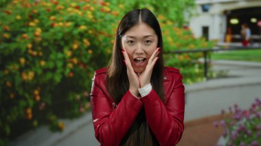 Kırmızı ceketli kadın, dışarıda yeşil parkın arka planında heyecan ifade ediyor, parlak çiçekli manzara, gün ışığında canlı ve neşeli anlar sergiliyor, pozitif duygular yayıyor..