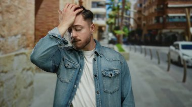 Sakallı genç adam şehir caddesinde güneş ışığının altında duruyor. Üzerinde kot gömlek ve açık hava tişörtü var..