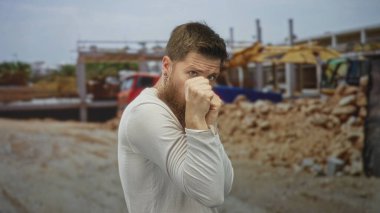 Uzun kollu beyaz gömlek giyen sakallı genç bir adam inşaat alanında yumruk atıyor. Kararlılık..