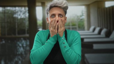 Gri saçlı bir kadın lüks modern kapalı kaplıca havuzunda avuçlarını ve nefesini kesiyor ve şaşkın bir şekilde şaşkın şaşkın oturuyor..