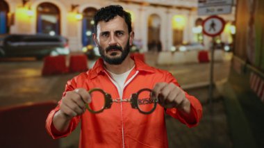 Turuncu tulumlu ve kelepçeli İspanyol bir adam dışarıda duruyor ve geceleri hapisten kaçış temasını taşıyor..