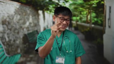 Yeşil önlüklü, steteskoplu genç bir adam açık hava parkı ortamında neşeyle gülümsüyor, pozitiflik ve güven saçıyor.
