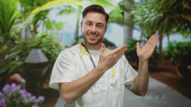 Steteskoplu genç sakallı doktor açık hava parkında mutlu bir şekilde el kol hareketi yapıyor..