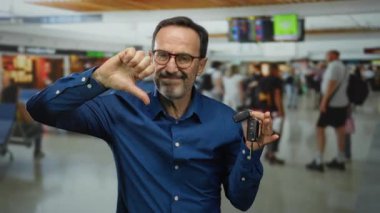 Meşgul havaalanında mavi tişörtlü bir adam elinde araba anahtarlarıyla baş parmağıyla tabelasını sallıyor..