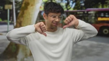 Gözlüklü ve beyaz kazaklı bir adam iki eli sokakta baş parmak hareketi gösteriyor. Onaylanmamış tepki.