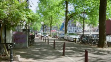 Amsterdam caddesinin bulanık manzarasında yemyeşil ağaçlar, park etmiş arabalar, bisikletler ve güneşli bir gökyüzünün altındaki yol, canlı şehir manzarasının vücut bulmuş hali..