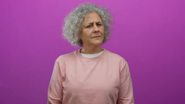 Kıvırcık gri saçlı, pembe bluzlu, hayat dolu pembe arka planda duran ve merak ve tefekküre dalmış bir kadın..