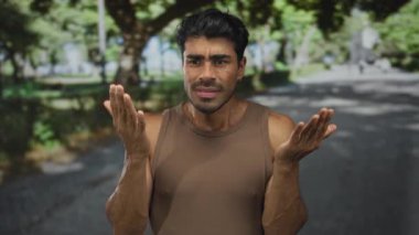 Genç İspanyol adam, yeşil ağaçlar ve güneş ışığında asfalt ile çerçevelenmiş caddelerde palmiyelerini silkeliyor..